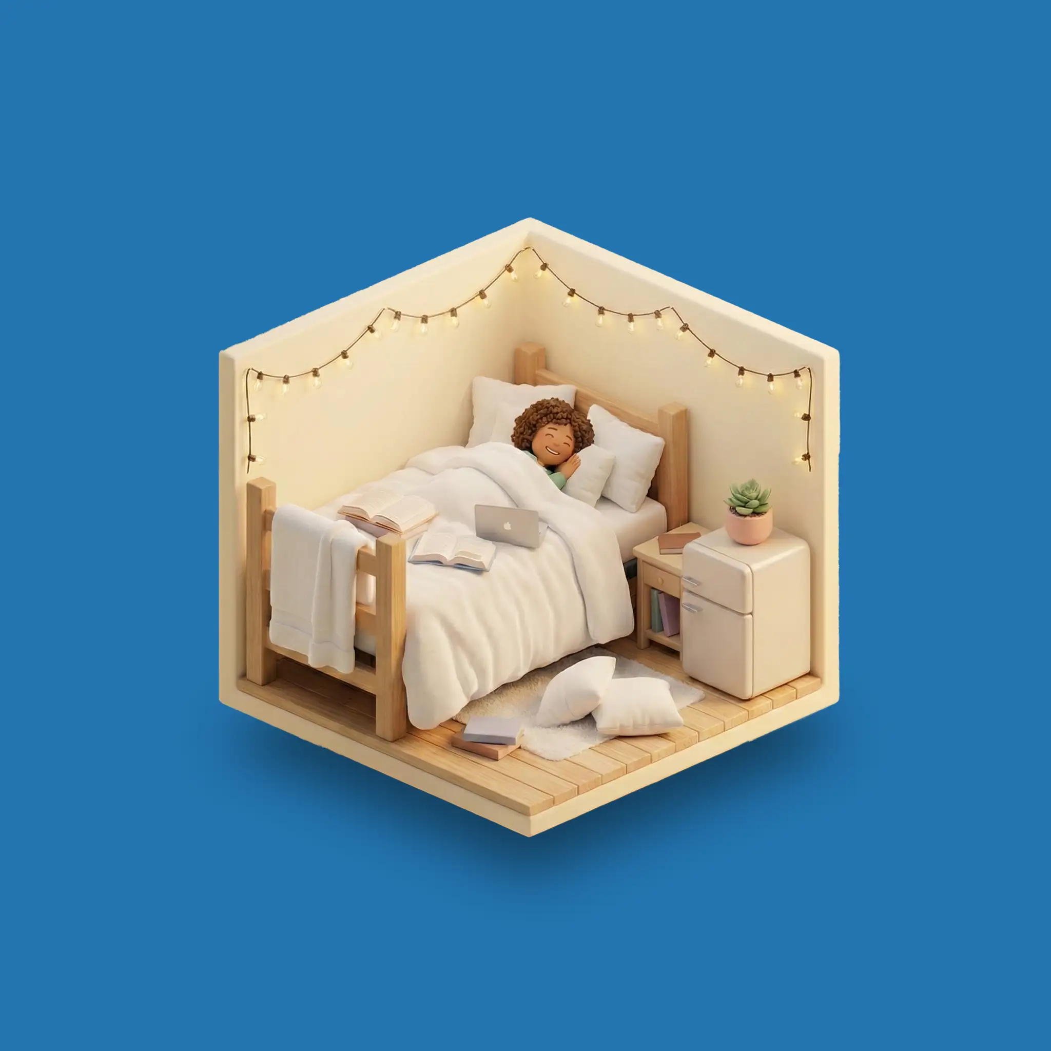 Resident enjoying fresh linens in dorm